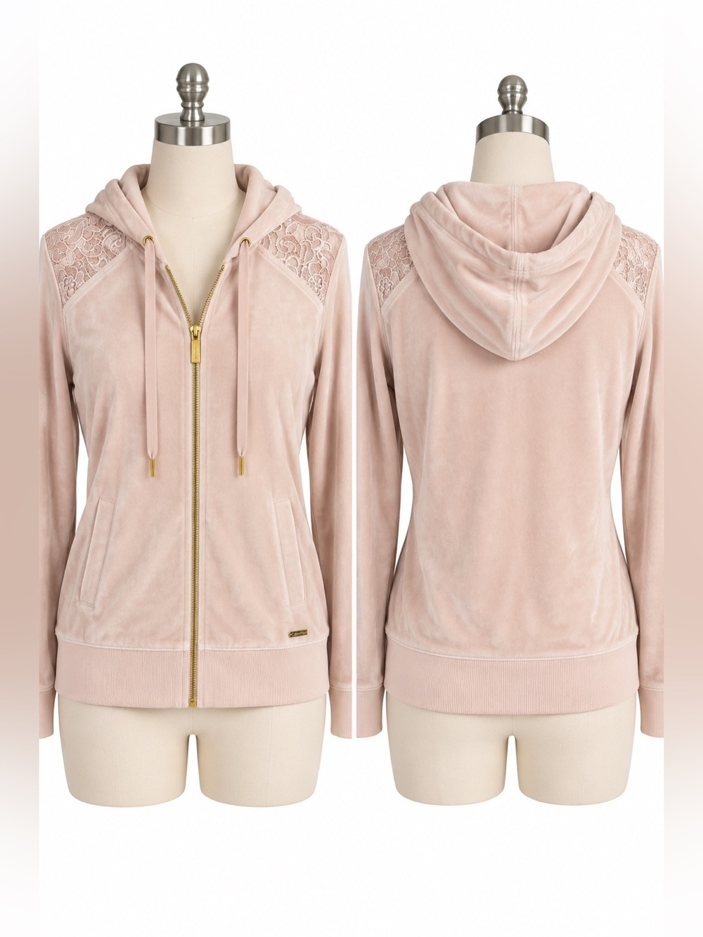 Calvin Klein Velour Lace Shoulder Full Zip Hoodie Blush Pink Gold Women’s M NWT